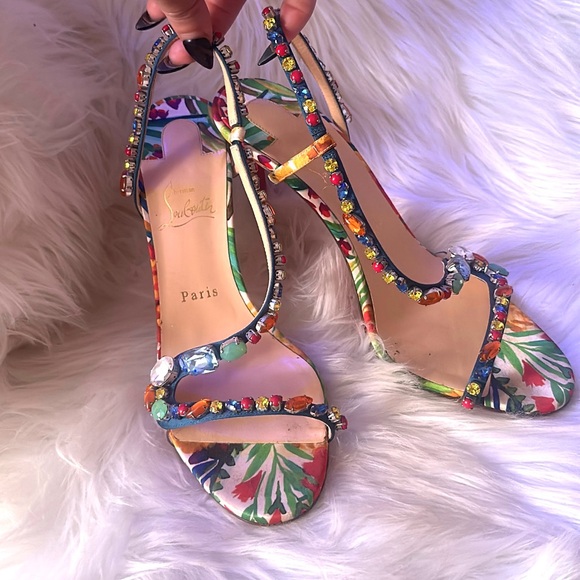 Christian Louboutin Floral Heels with Gems - Picture 2 of 10